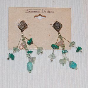 Premium Design Silver Tone/Turquoise -3 Strands From Silver Post Earrings 2 1/2"